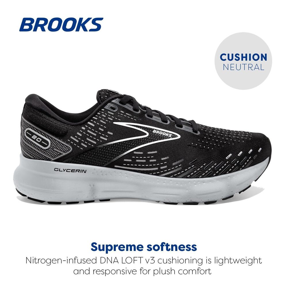 BROOKS WOMEN'S GLYCERIN 20 NEUTRAL RUNNING SHOE - BLACK/WHITE/ALLOY - 9.5 WIDE - Picture 3 of 6